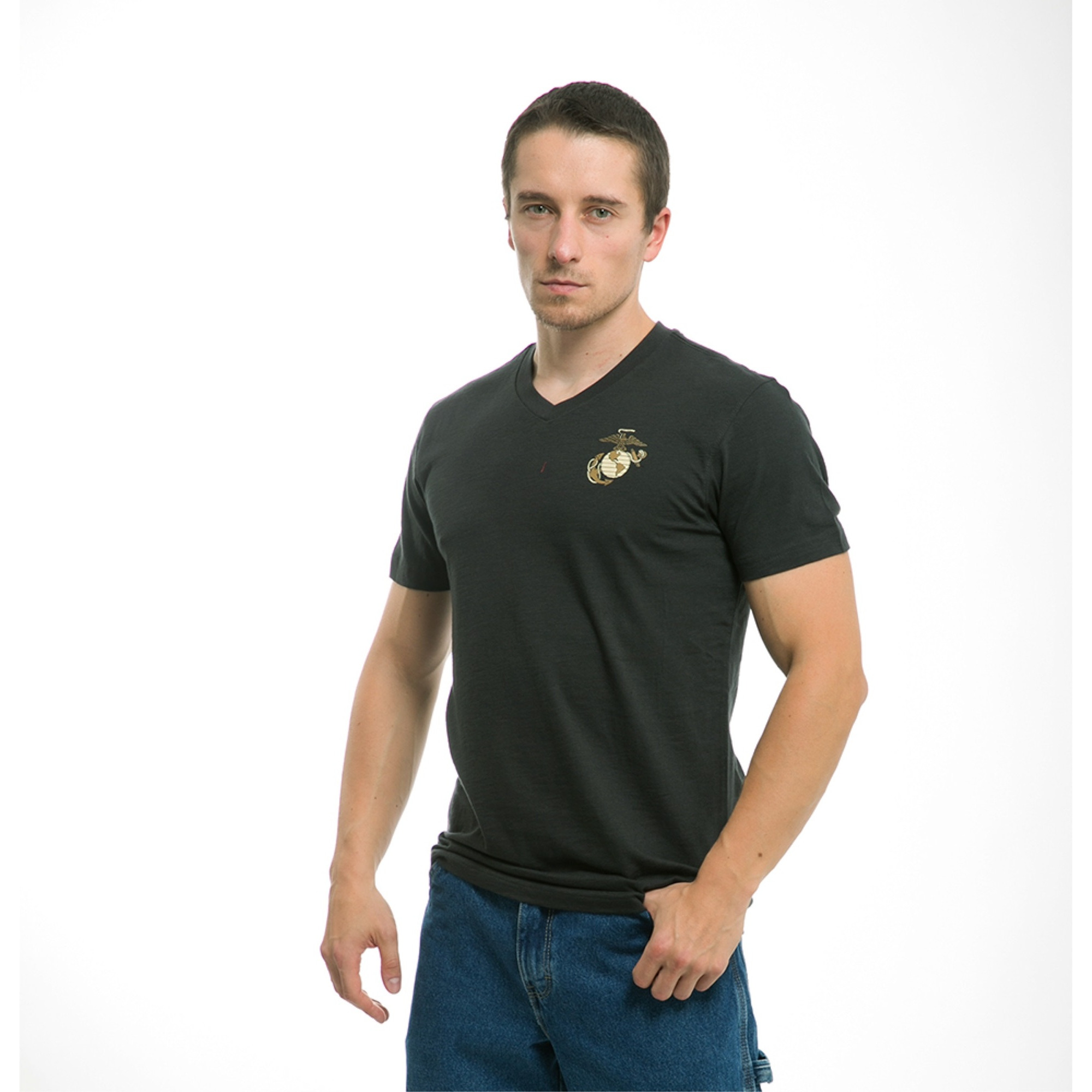 Military V-Neck Tee, Marines, Black, XL