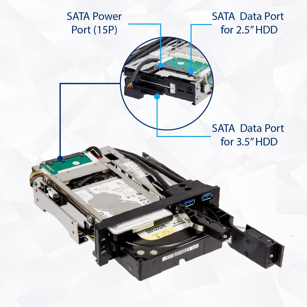5.25" Bay Drive Tray Less Mobile Rack for 3.5" and 2.5" SATA III HDD with extra 2 port USB 3.0, Plastic Panel