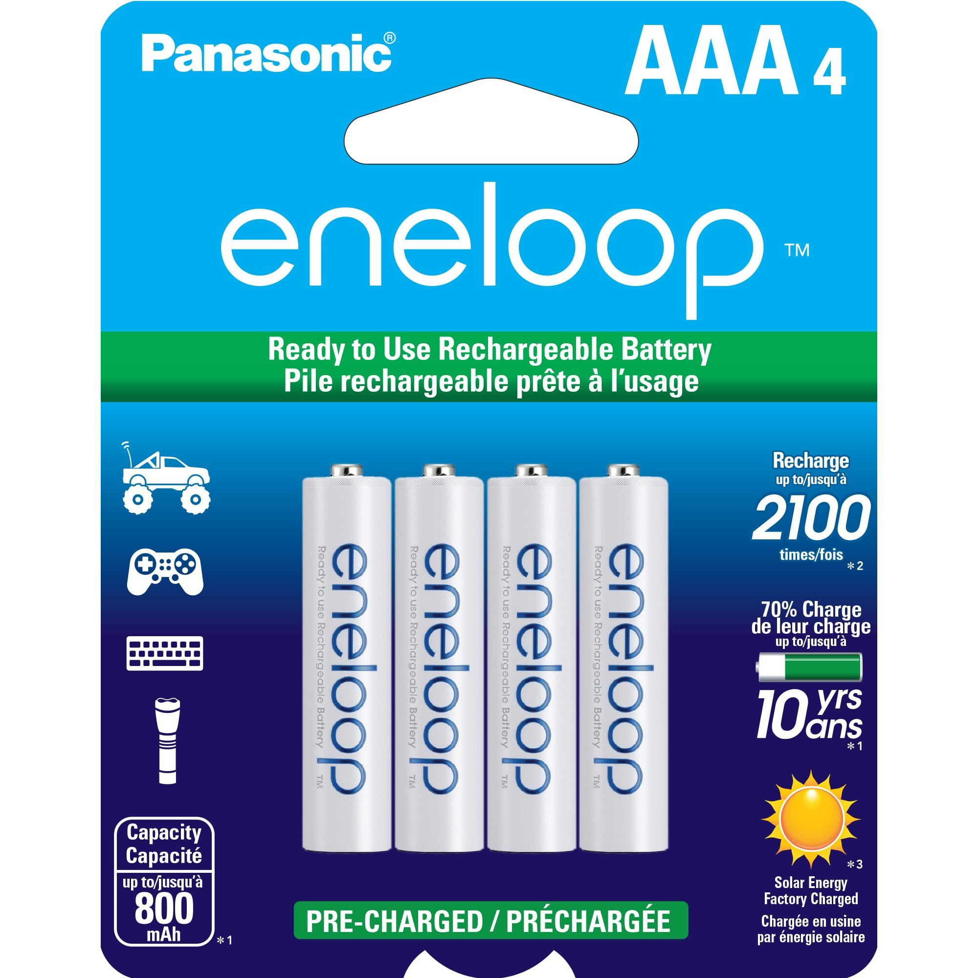 Panasonic BK-4MCCA4BA eneloop AAA 2100 Cycle Ni-MH Pre-Charged Rechargeable Batteries, 4-Battery Pack