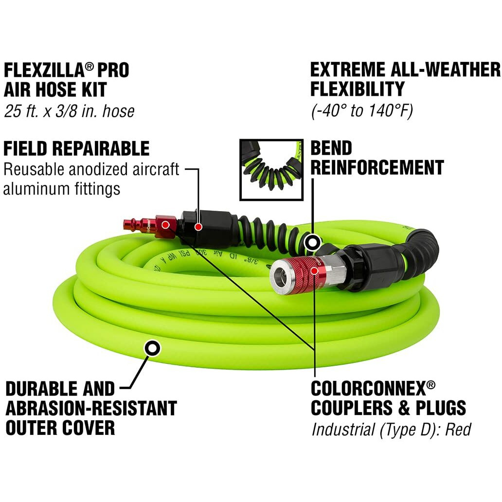 Flexzilla Pro Air Hose 3/8in x 25ft w/ ColorConnex Coupler  Plug Type D Red