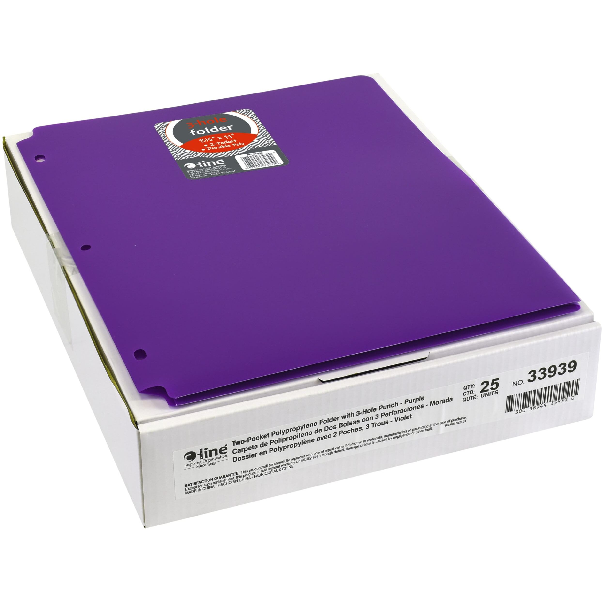 C-Line Poly Folder, 3-Hole Punch, Letter, 2-Pocket, Purple, Pack of 25