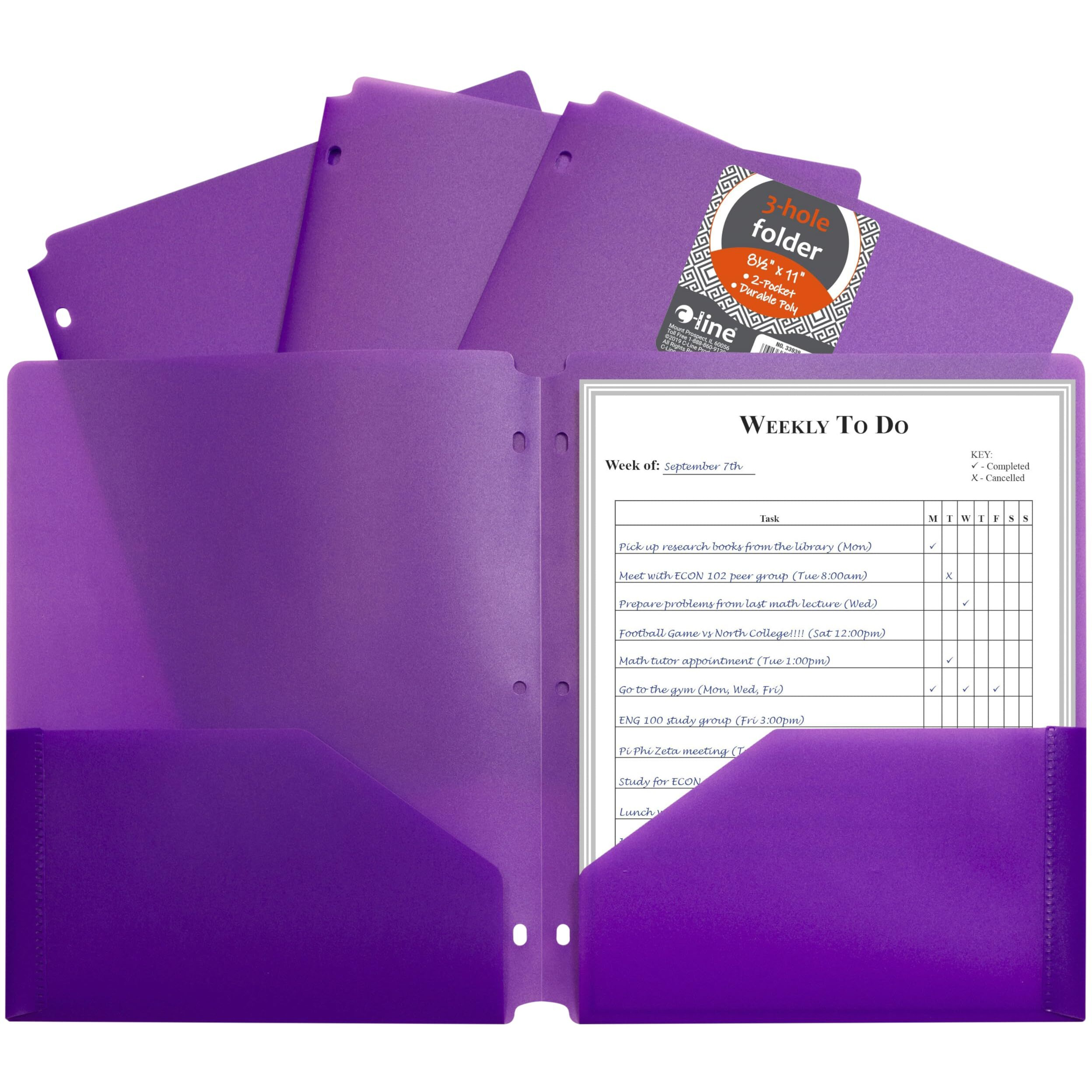 C-Line Poly Folder, 3-Hole Punch, Letter, 2-Pocket, Purple, Pack of 25