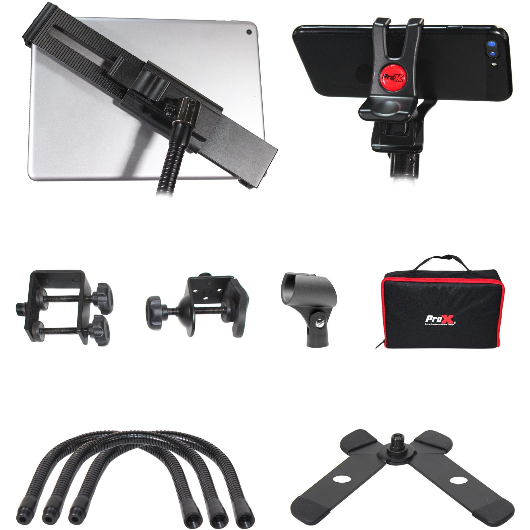 ProX X-MOBITCP20 Mobi Buddy Hands Free Tablet Mobile Device Clip Kit DJ Cellphone holder Selfie Stick Table Stand Tripod Clamp and Case