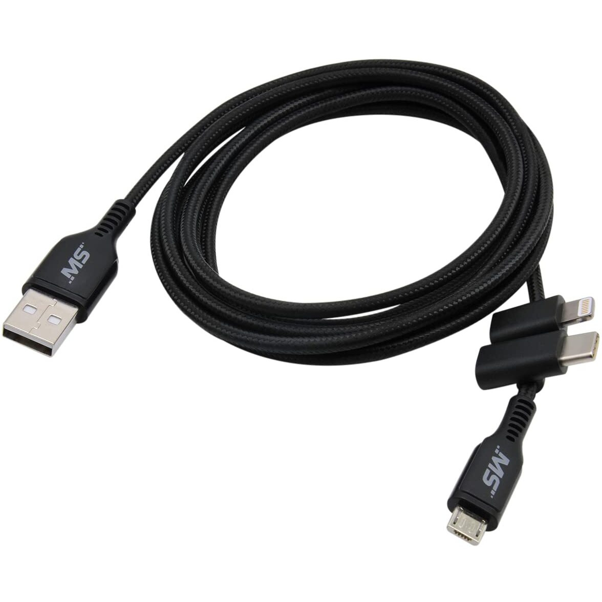 MobileSpec 6FT Multi-Use Charge and Sync Cable Micro USB USB-C and Lightning Compatible Charging Cord - Black