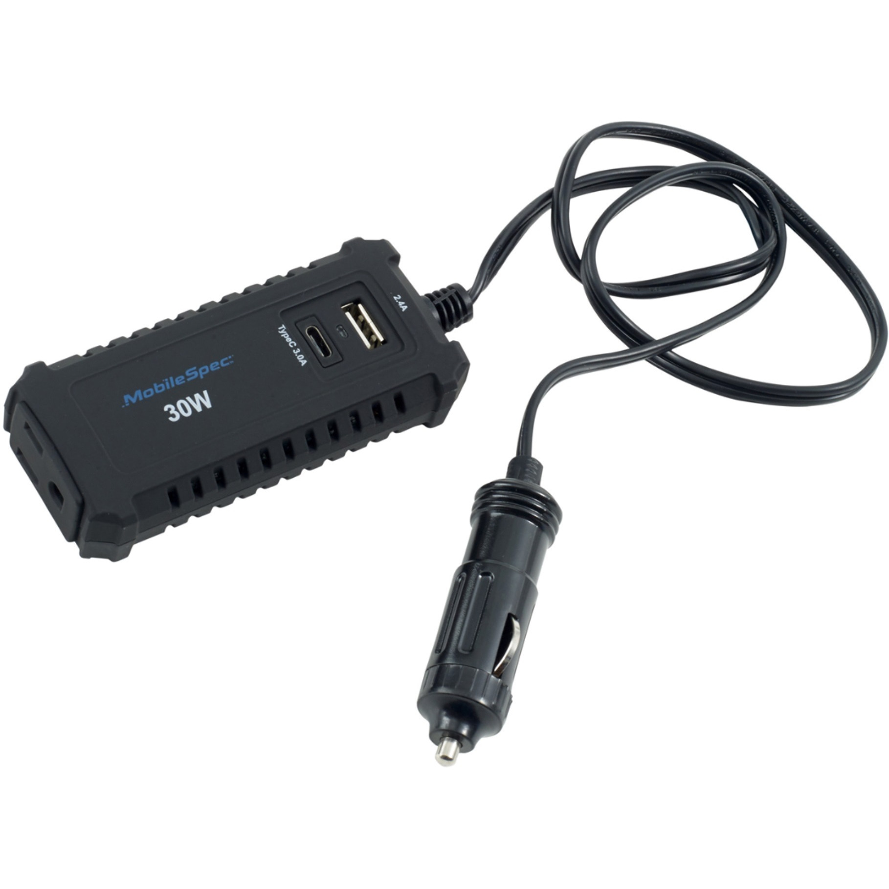 MobileSpec 30W Power Strip Inverter MSI30S Car Power Inverter DC 12V to 110V AC Converter with Dual Ports and 3-Prong Charger Outlet - Black