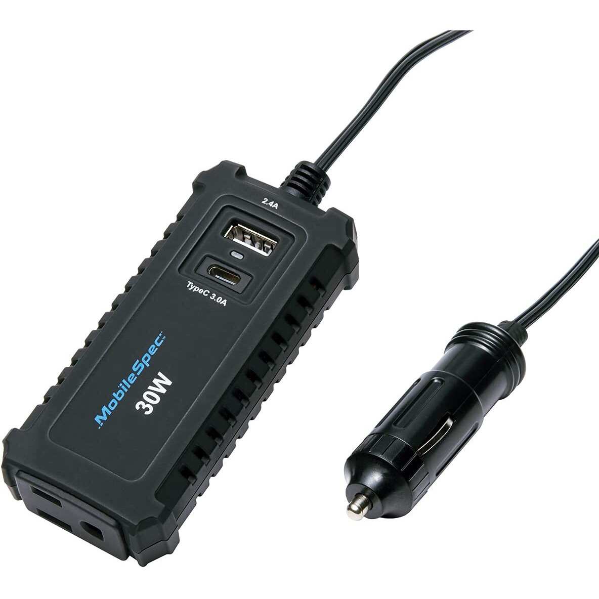 MobileSpec 30W Power Strip Inverter MSI30S Car Power Inverter DC 12V to 110V AC Converter with Dual Ports and 3-Prong Charger Outlet - Black