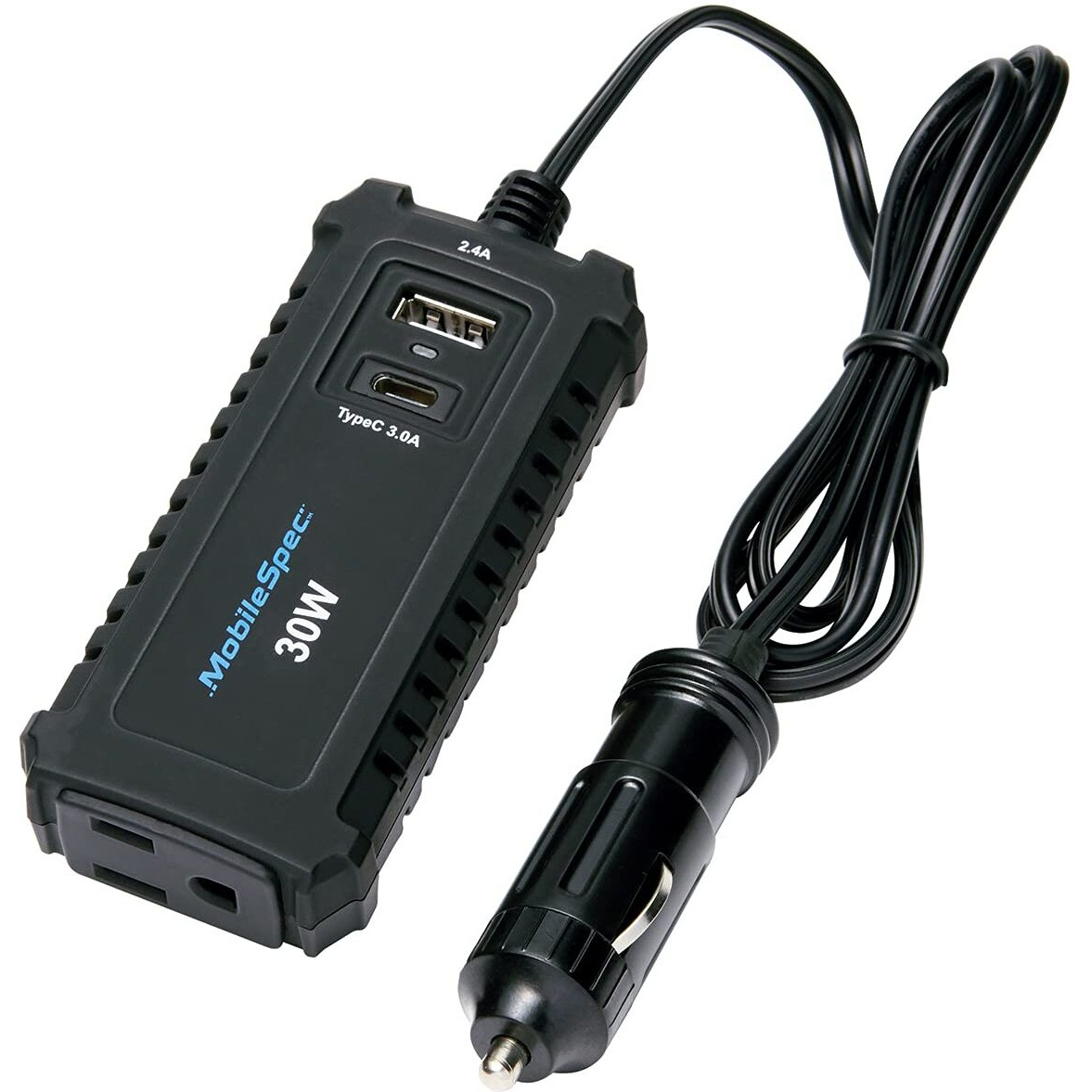 MobileSpec 30W Power Strip Inverter MSI30S Car Power Inverter DC 12V to 110V AC Converter with Dual Ports and 3-Prong Charger Outlet - Black