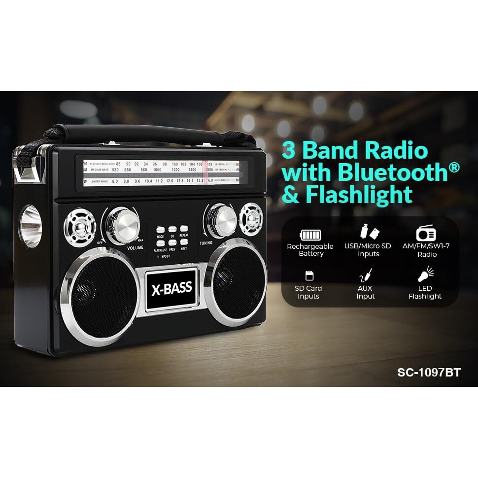 Supersonic Portable 3 Band Radio with Bluetooth and Flashlight