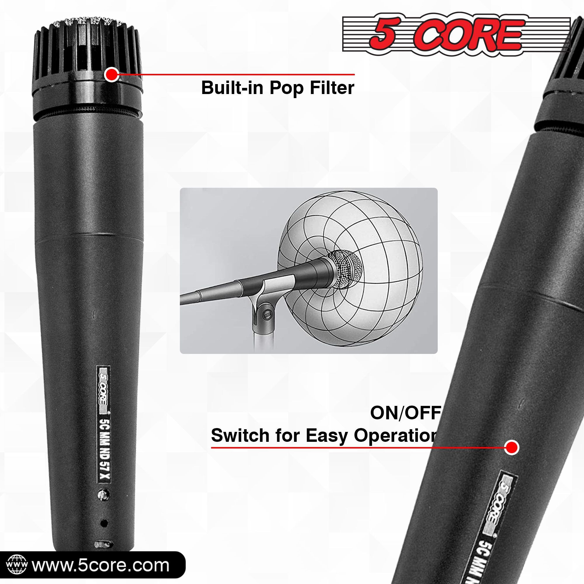 5 core Dynamic Instrument Mic - Premium Quality and Versatile Mic for Live Performances, On Stage and Studio Recording - Durable Metal Mic- cable, Mic Holder and Bag Included- ND-57X(D0102H7XFW8)