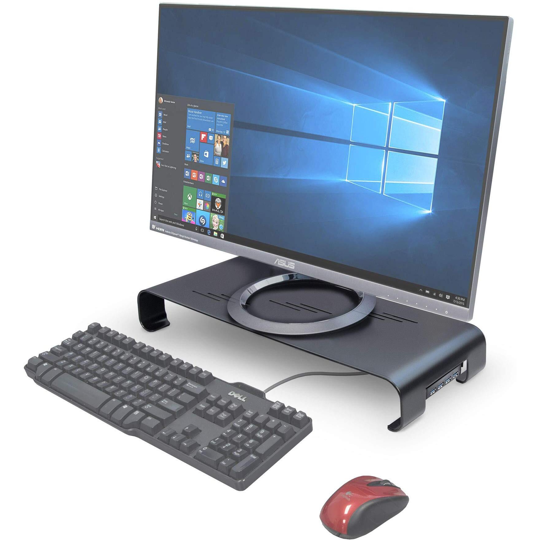 USB 3.0 Aluminum Monitor Stand Metal Riser Support Transfer Data. Keyboard and Mouse Storage Desk Organizer. 4-Port USB 3.0. Suitable for Monitor, Notebook, Printer, and OA Equipment.  20.5&quotx8.3&quotx2.6". Ergonomically Designed for Maximum Viewing Comfort.