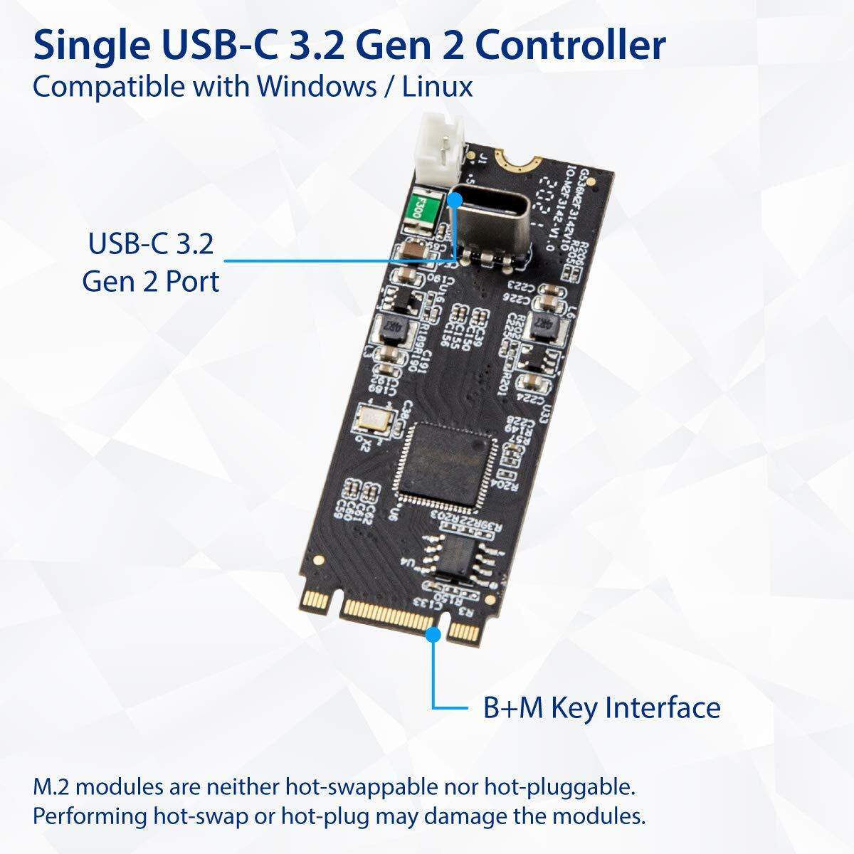 M.2 (PCIe 3.0 x4) M-Key to 1-Port USB 3.2 Gen2x1 Type-C 10Gbps Host Controller Card, ASMedia ASM2362 Chipset