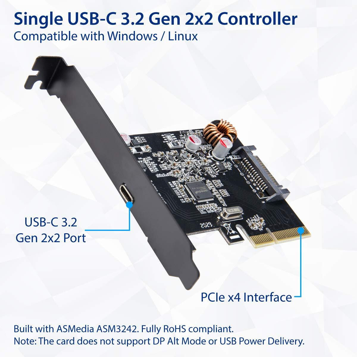 PCI-Express 3.0 x4, 1-Port USB 3.2 Gen2x2 Type-C 20Gbps Host Controller Card, ASMedia ASM2362 Chipset, with Low Profile Bracket.