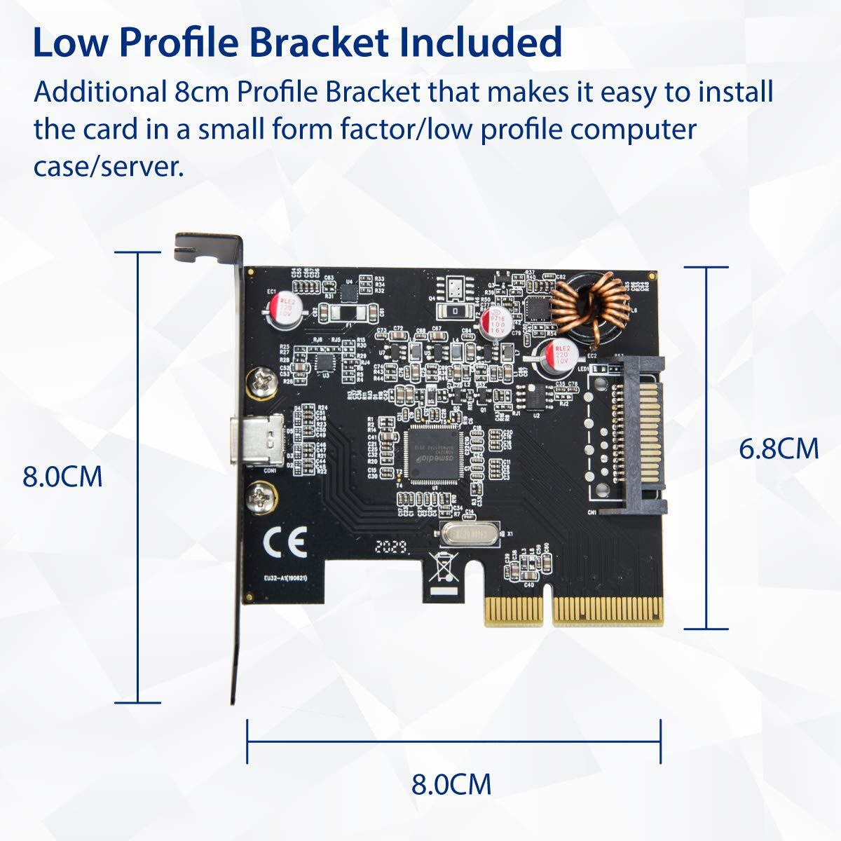 PCI-Express 3.0 x4, 1-Port USB 3.2 Gen2x2 Type-C 20Gbps Host Controller Card, ASMedia ASM2362 Chipset, with Low Profile Bracket.
