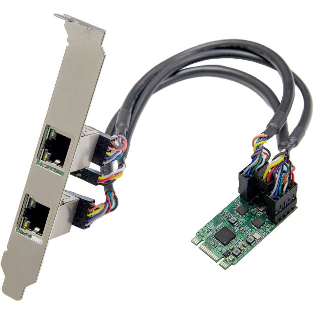 Mini PCI-Express M.2 (B-Key & M-Key) to 2-Port Gigabit Ethernet Card. 2-Port RJ45 1000Base-T LAN Card. Supports 1-Lane 2.5Gbps PCI Express Bus. Supports Hardware ECC (Error Correction Code) and CRC (Cyclic Redundancy Check) Functions. Bundled with Low Profile Bracket and 3 Cable, Realtek RTL8111H Chipset.