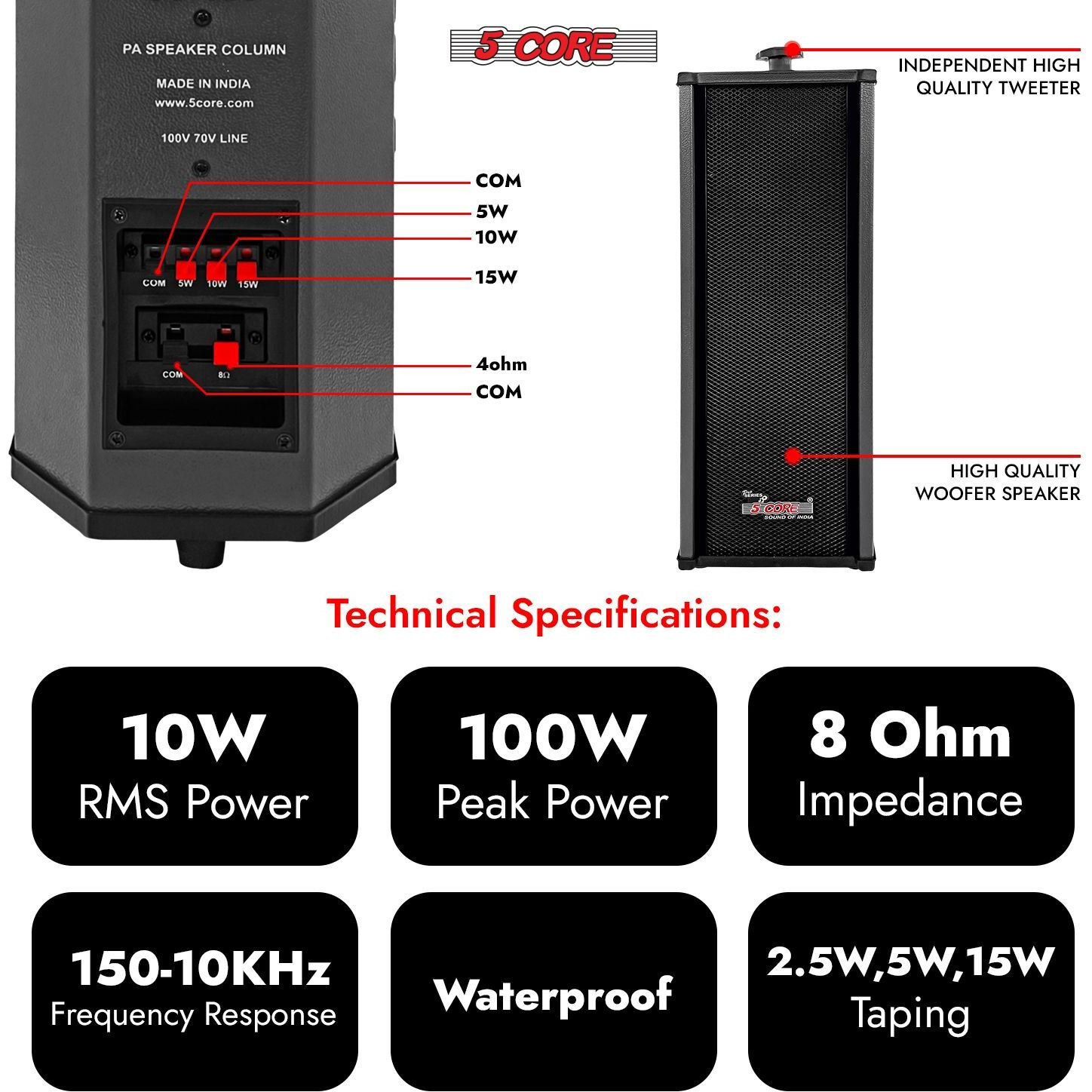 5 CORE Outdoor Speakers Stereo in Wall Speaker 100W Peak Passive Mount Wired Waterproof Patio House Garage Indoor Exterior Audio System Bocinas para Casa - 15TG 1Pc