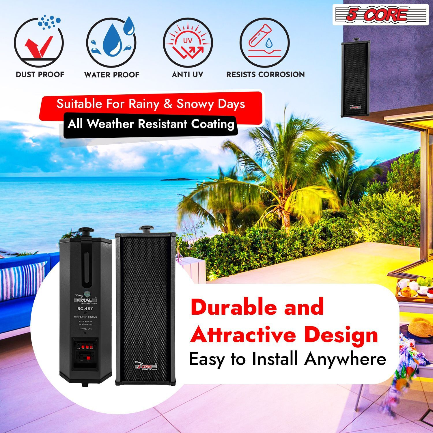 5 CORE Outdoor Speakers Stereo in Wall Speaker 100W Peak Passive Mount Wired Waterproof Patio House Garage Indoor Exterior Audio System Bocinas para Casa - 15TG 1Pc