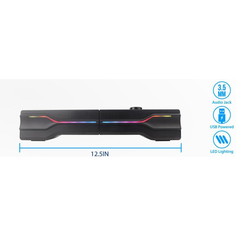 USB 2-in-1 Stereo Speaker / Soundbar. RMS 3.0W*2. Speaker 2x2. Frequency Response 80Hz~20KHz. SNR > 88dB. Powered by USB (DC 5V). ON/OFF Switch. With 3.5mm Audio Jack. Plastic + RGB LED Light Design. Soundbar Size 7538072mm. Cable 1.20-meter.