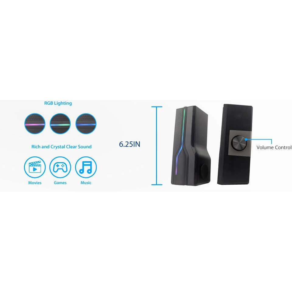 USB 2-in-1 Stereo Speaker / Soundbar. RMS 3.0W*2. Speaker 2x2. Frequency Response 80Hz~20KHz. SNR > 88dB. Powered by USB (DC 5V). ON/OFF Switch. With 3.5mm Audio Jack. Plastic + RGB LED Light Design. Soundbar Size 7538072mm. Cable 1.20-meter.