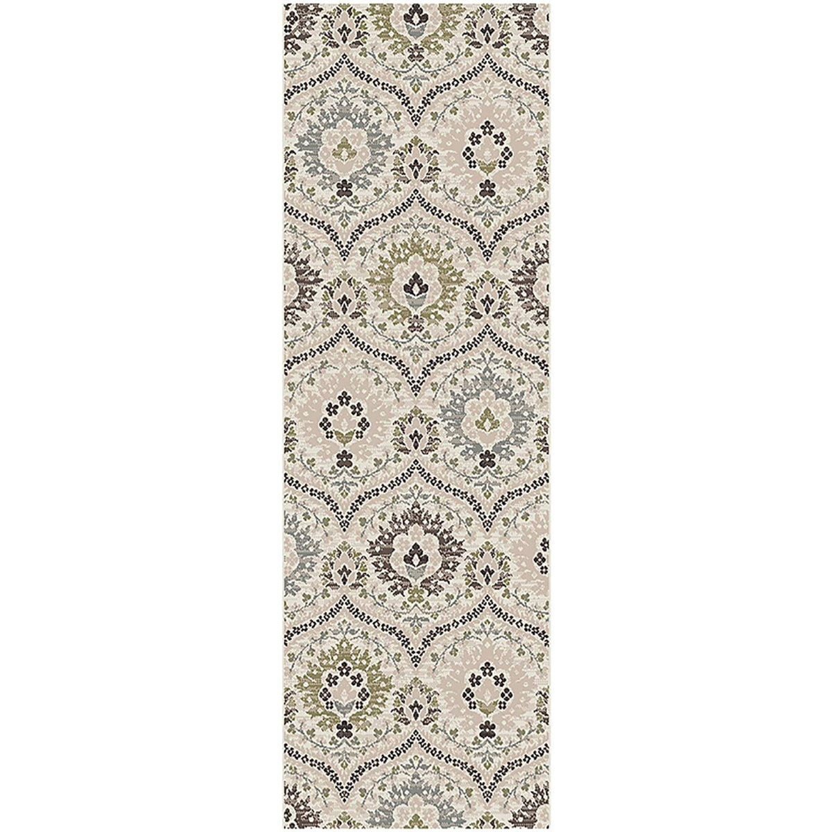 10' Beige Ivory And Brown Floral Stain Resistant Runner Rug