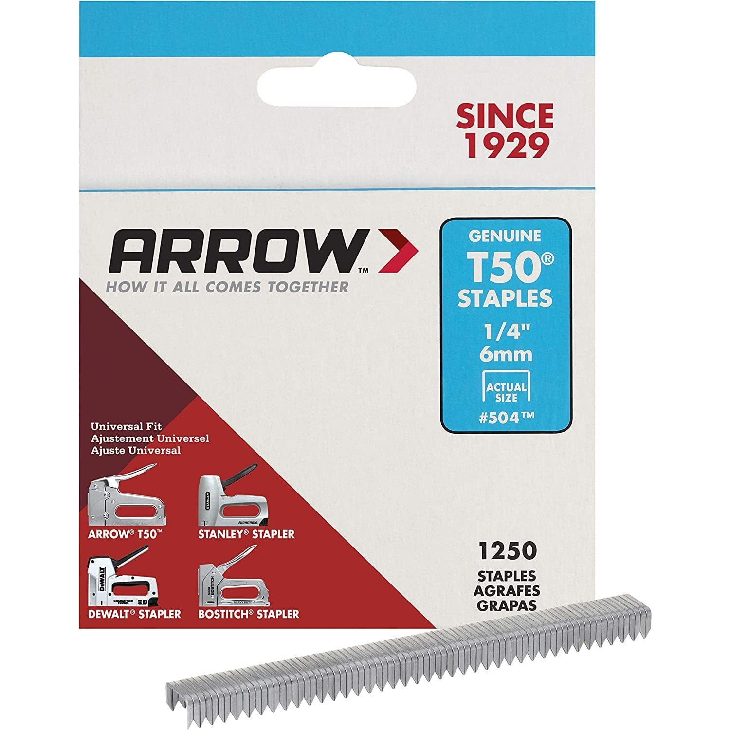 Arrow 504 Heavy Duty T50 1/4-Inch Staples for Upholstery, Construction, Furniture, Crafts, 1250-Pack