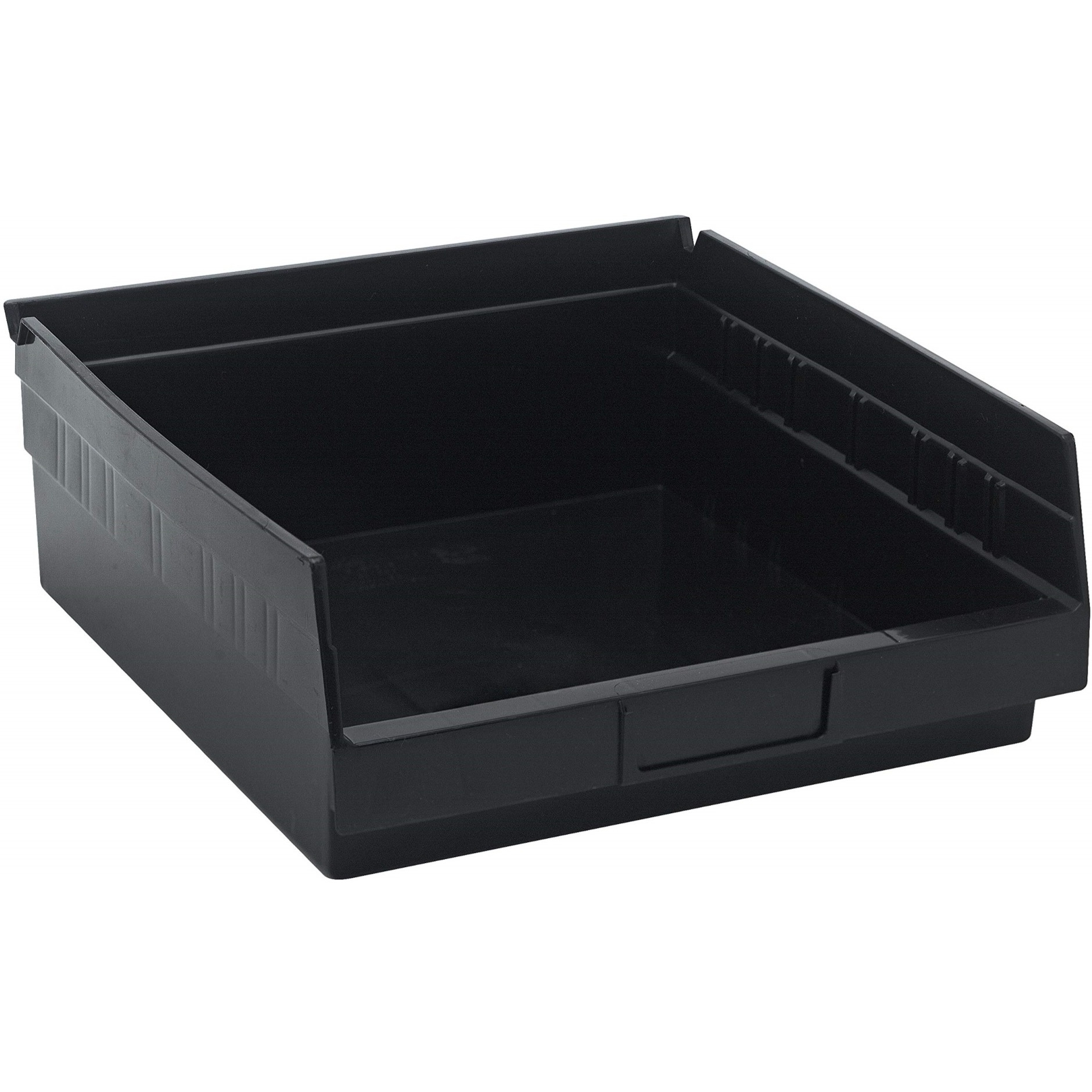 Economy Shelf Bin, nesting, 11-5/8W x 11-1/8D x 4H, (7) divider slots, rear hanglock, molded-in label holder, recycled polypropylene, black, Made in USA