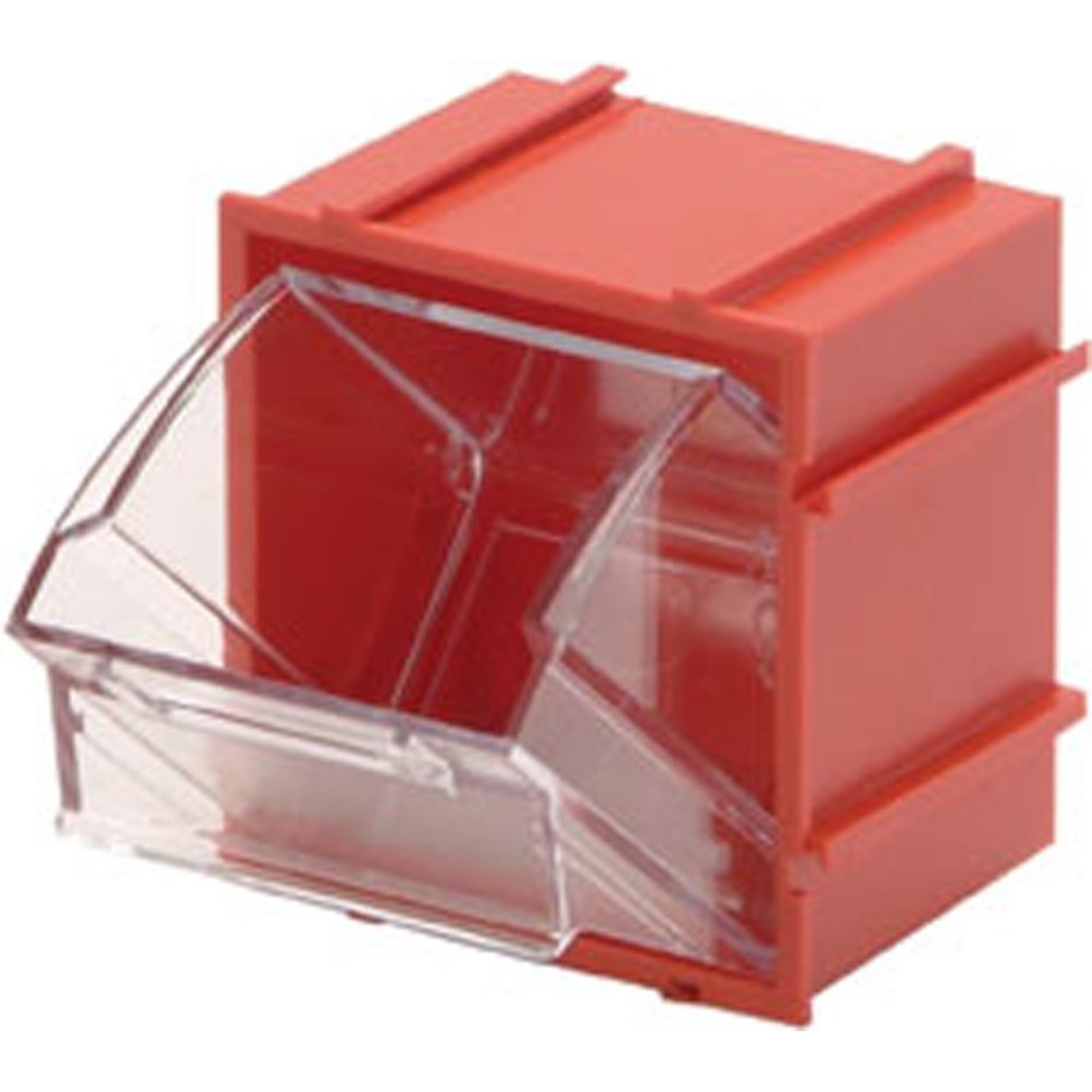 Tip Out Bin, (1) compartment, 2-3/8W x 2-13/16D x 3H, handle with label slot, opens to a 45 angle, plastic clear container, polystyrene red cabinet, Made in USA