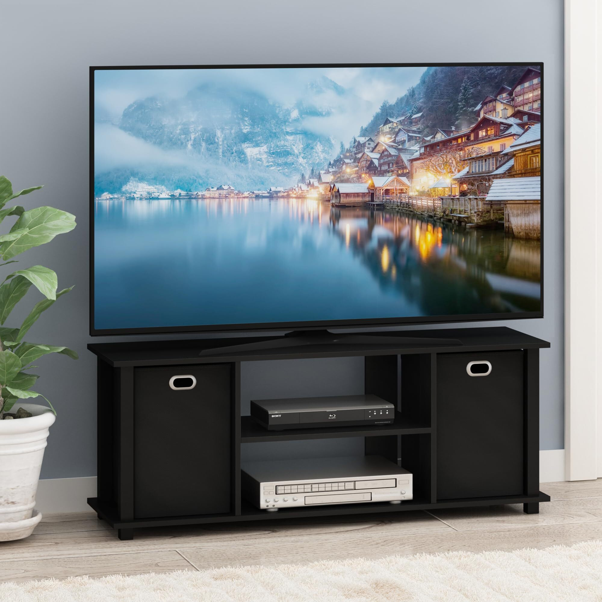 Furinno 13054BK/BK Econ Entertainment Center w/Storage Bins, Black