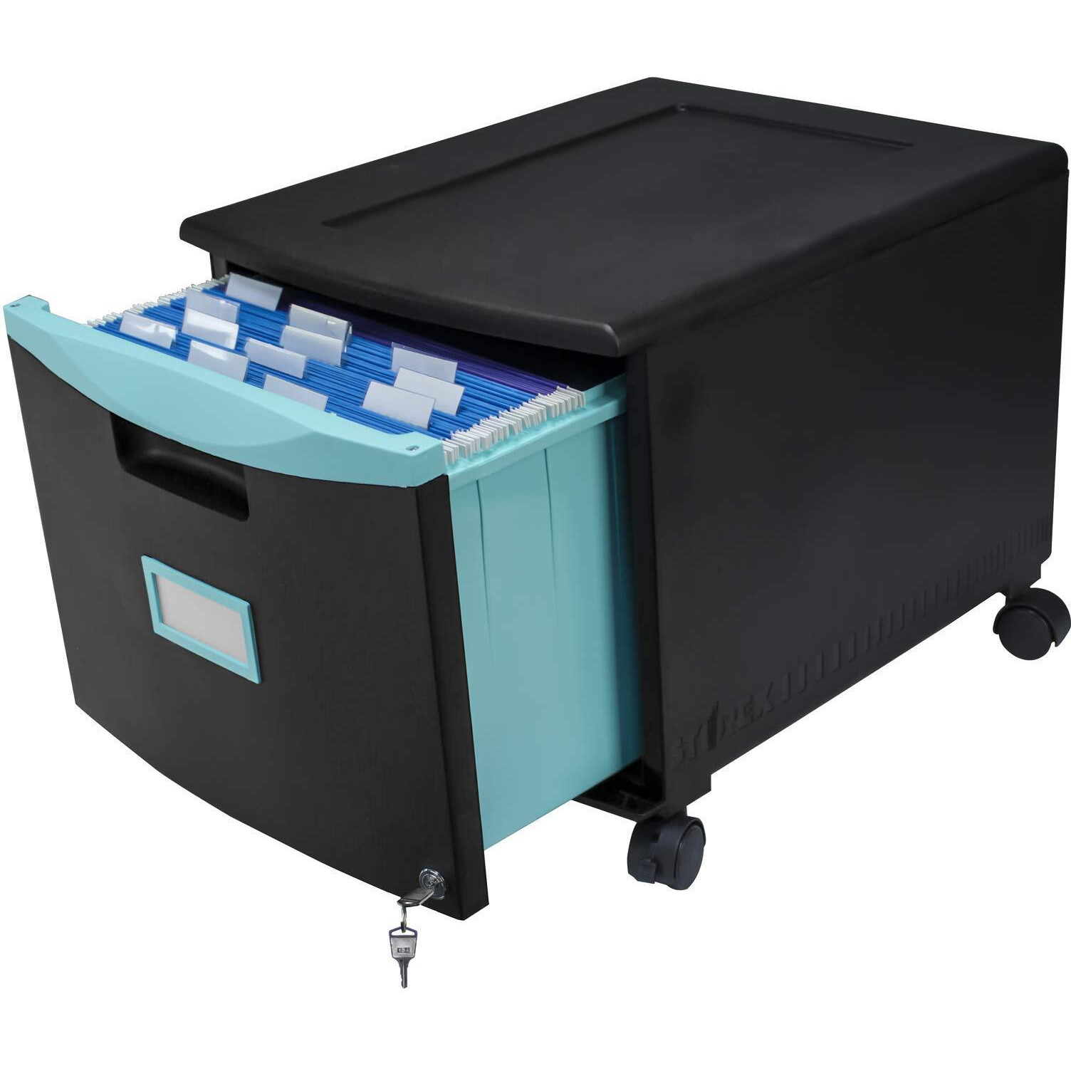 One Drawer Mini File Cabinet with Lock & Casters, Legal/Letter, Black/Teal
