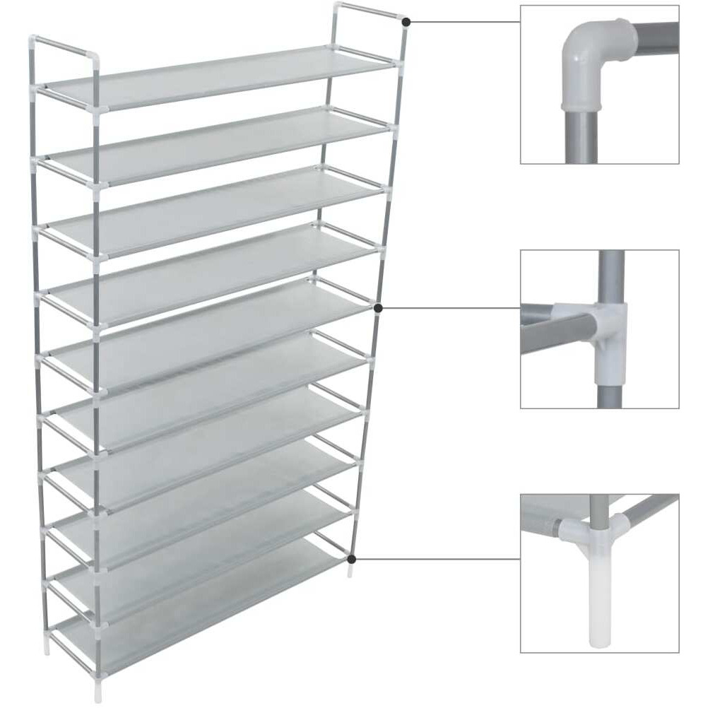 vidaXL Shoe Rack with 10 Shelves Metal and Non-woven Fabric Silver