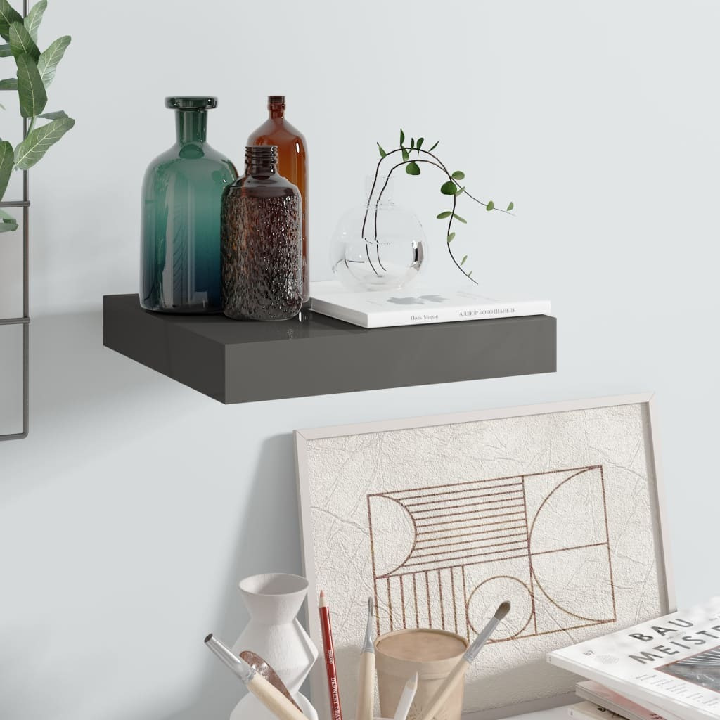 vidaXL Floating Wall Shelf High Gloss Gray 9.1&quotx9.3&quotx1.5" MDF