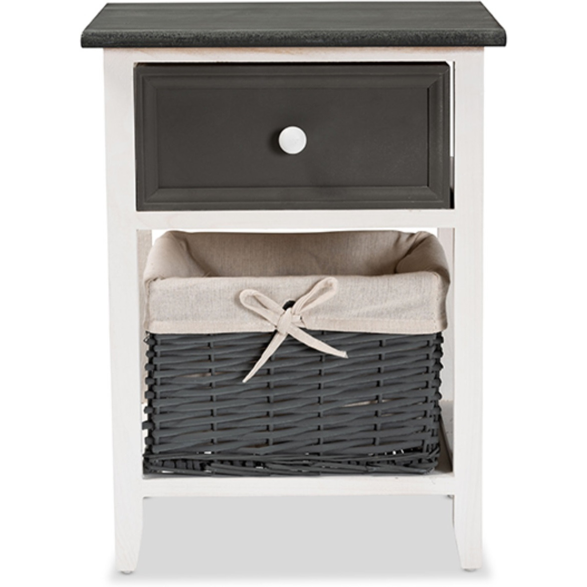Baxton Studio Shadell Modern Transitional Two-Tone Dark Grey and White Finished Wood 1-Drawer Storage Unit with Basket