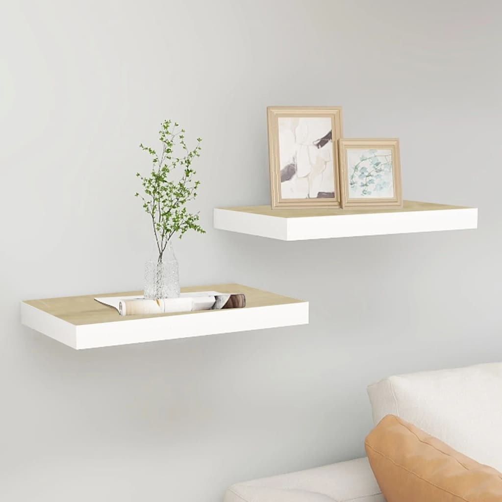 vidaXL Floating Wall Shelves 2 pcs Oak and White 15.7&quotx9.1&quotx1.5" MDF