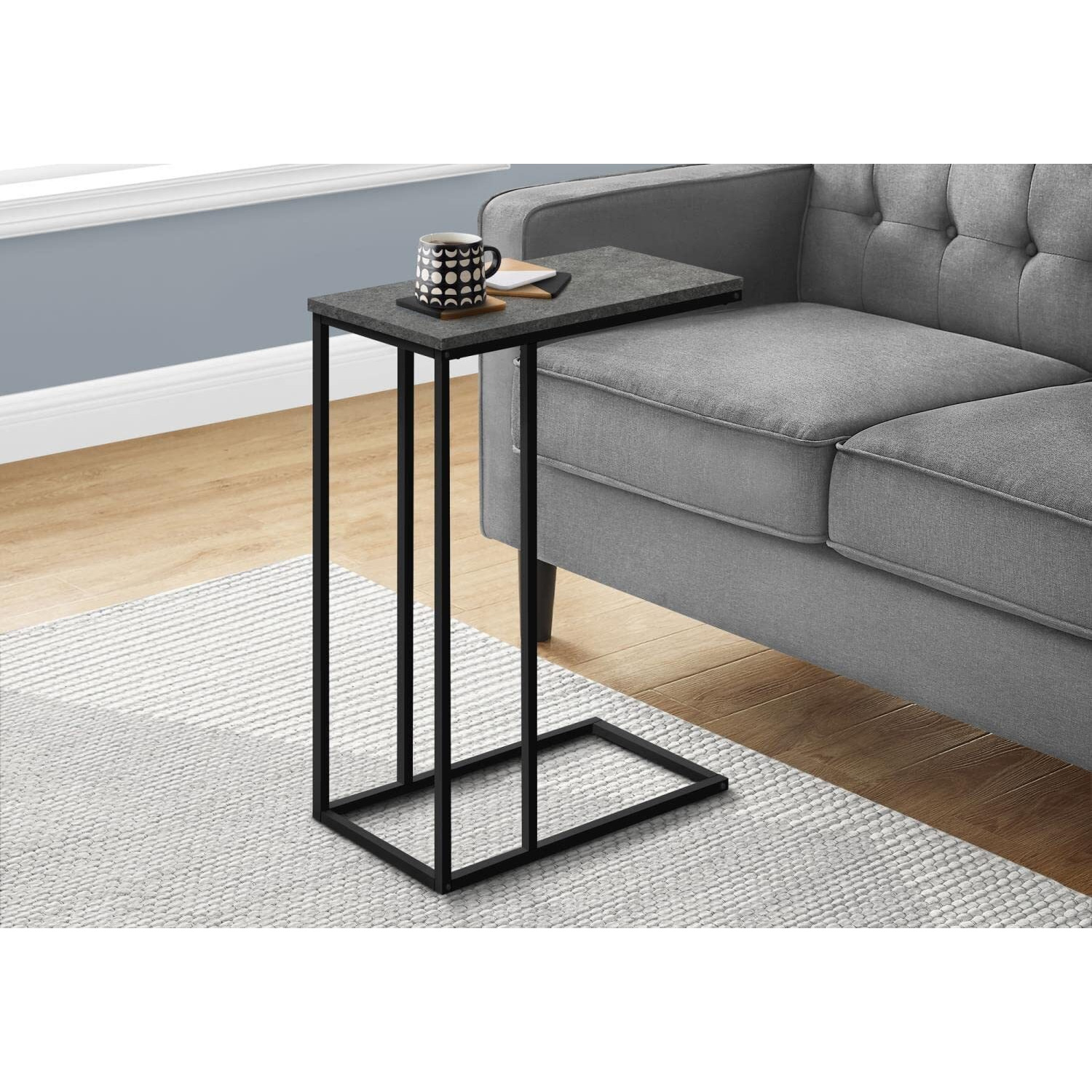 ACCENT TABLE - 25&quotH / GREY STONE-LOOK / BLACK METAL