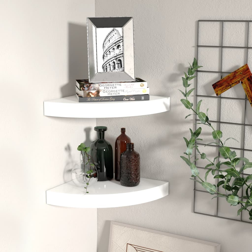 vidaXL Floating Corner Shelves 2 pcs High Gloss White 9.8&quotx9.8&quotx1.5" MDF