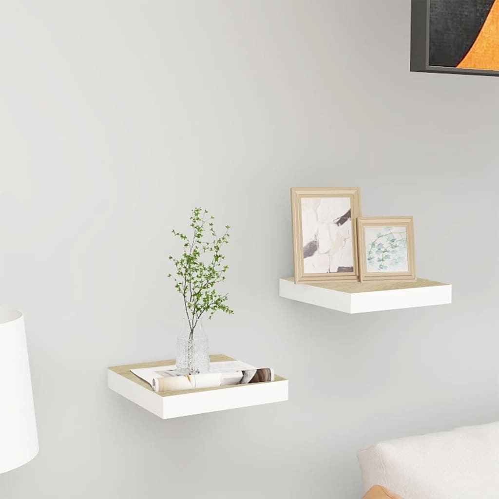 vidaXL Floating Wall Shelves 2 pcs Oak and White 9.1&quotx9.3&quotx1.5" MDF