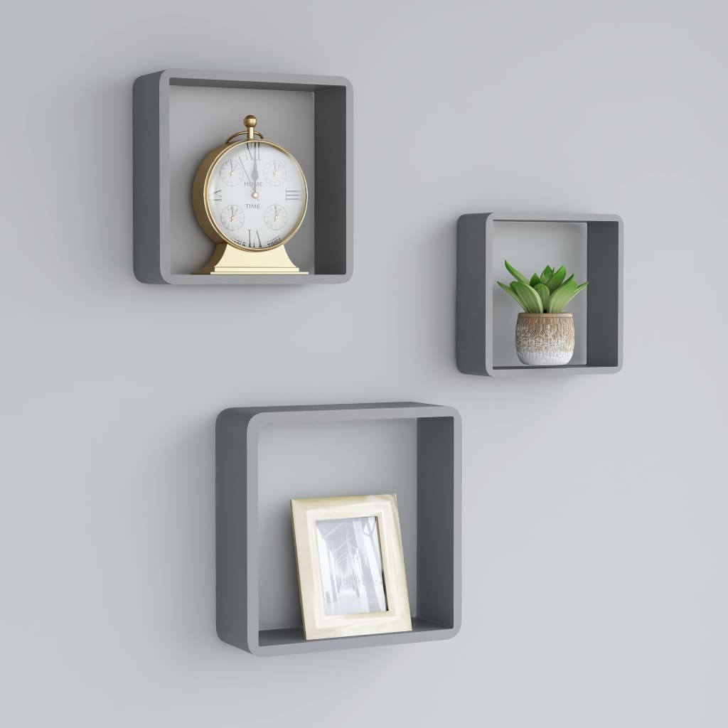 vidaXL Wall Cube Shelves 3 pcs Gray MDF