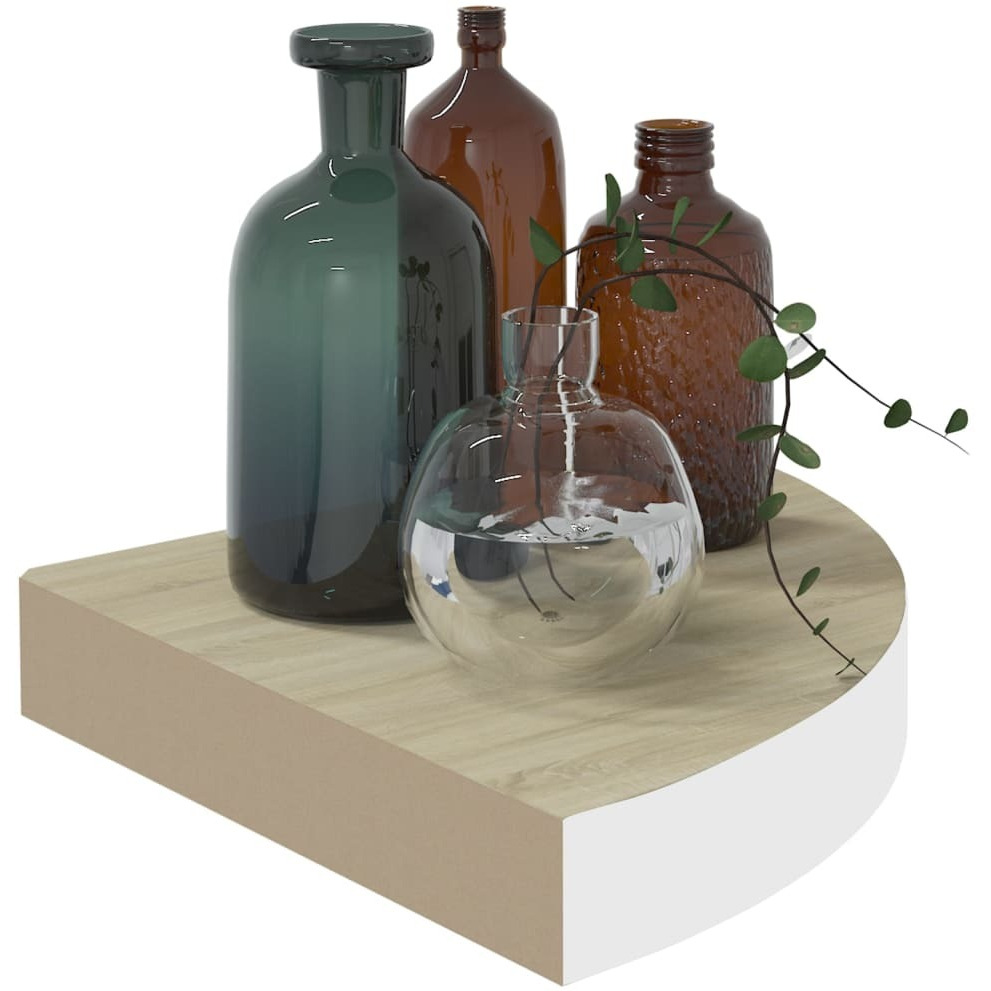 vidaXL Wall Corner Shelf Oak and White 9.8&quotx9.8&quotx1.4" MDF
