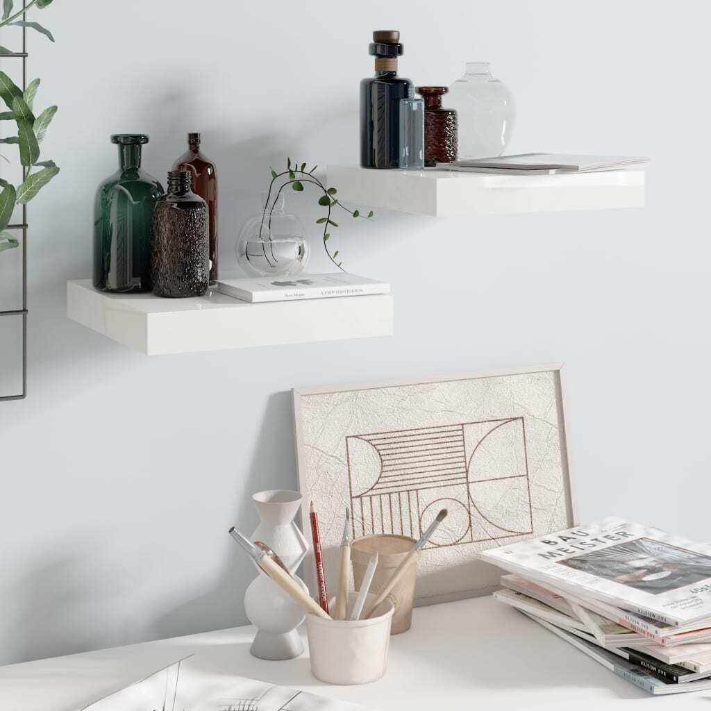 vidaXL Floating Wall Shelves 2 pcs High Gloss White 9.1&quotx9.3&quotx1.5" MDF