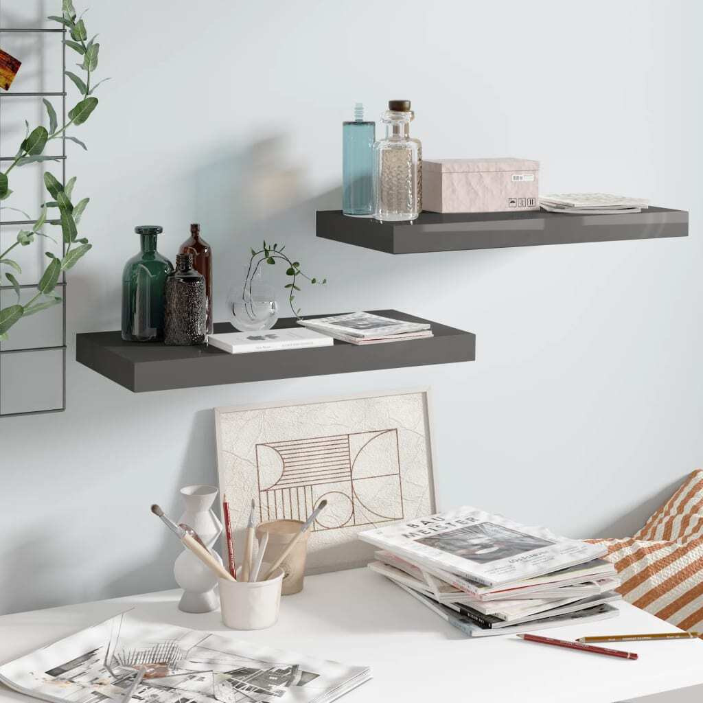 vidaXL Floating Wall Shelves 2 pcs High Gloss Gray 19.7&quotx9.1&quotx1.5" MDF