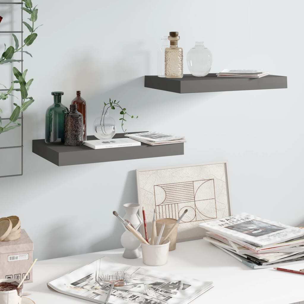 vidaXL Floating Wall Shelves 2 pcs High Gloss Gray 15.7&quotx9.1&quotx1.5" MDF