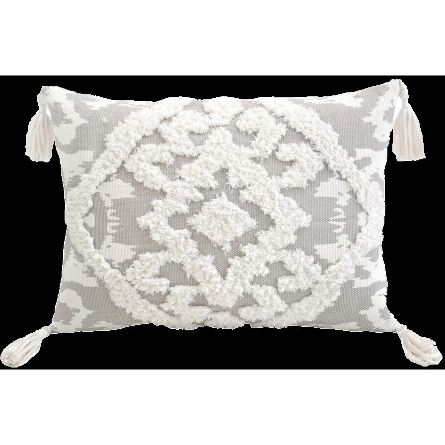 13" X 18" Grey And White Damask Zippered Polyester And Cotton Blend Throw Pillow With Tassels