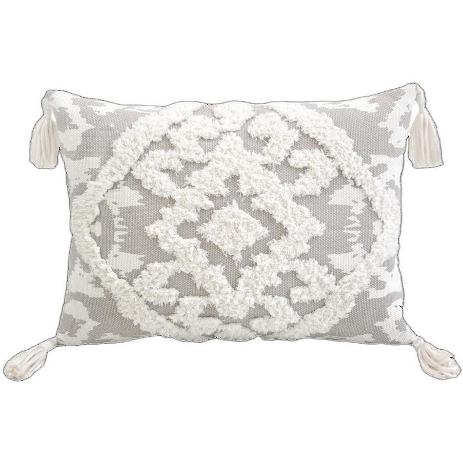 13" X 18" Grey And White Damask Zippered Polyester And Cotton Blend Throw Pillow With Tassels