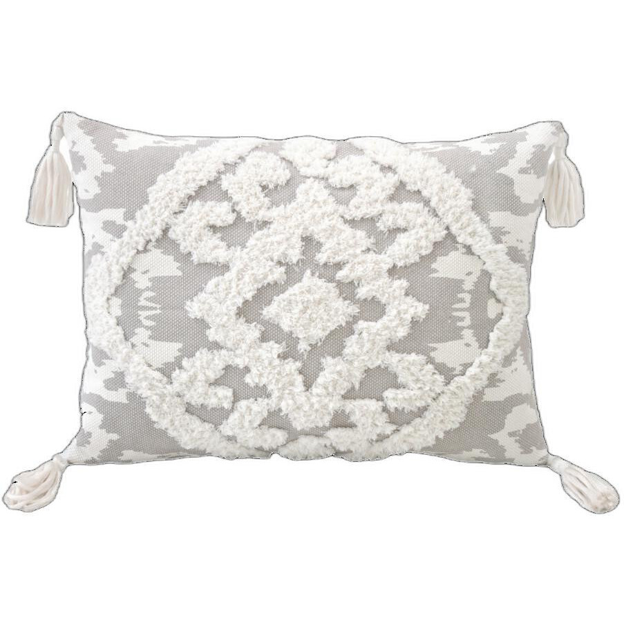 13" X 18" Grey And White Damask Zippered Polyester And Cotton Blend Throw Pillow With Tassels