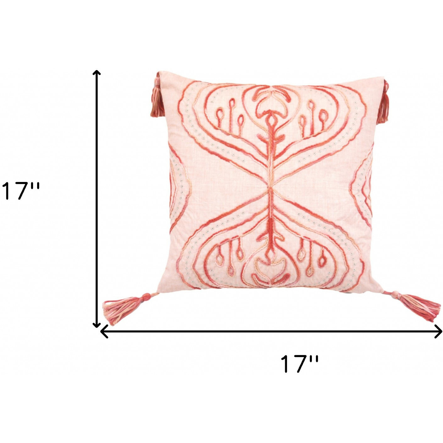 17" X 17" Coral Damask Zippered Polyester Throw Pillow With Tassels