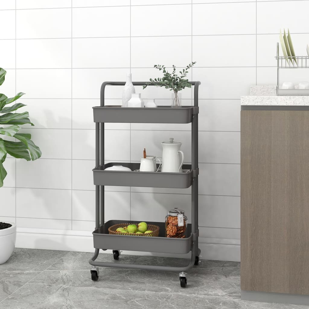 vidaXL 3-Tier Kitchen Trolley Gray 16.5&quotx13.8&quotx33.5" Iron and ABS