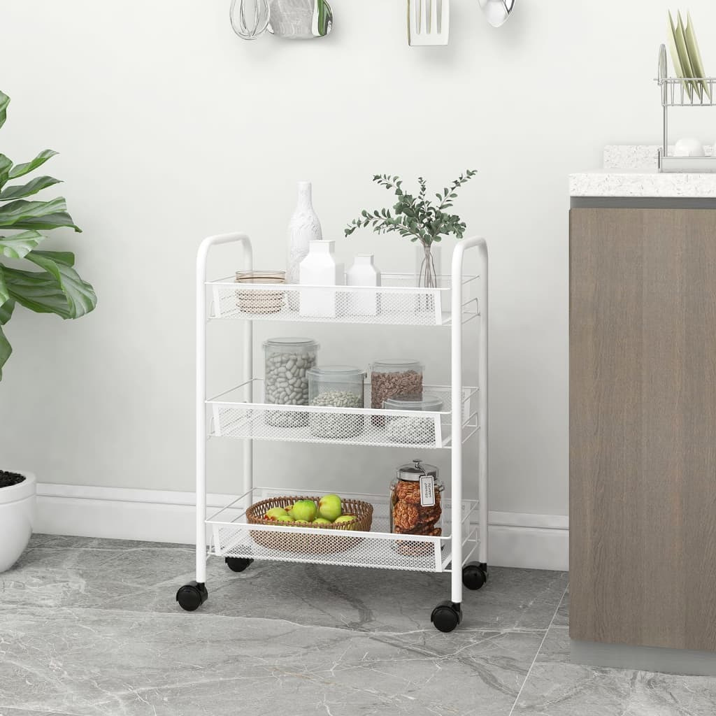 vidaXL 3-Tier Kitchen Trolley White 18.1&quotx10.2&quotx25.2" Iron