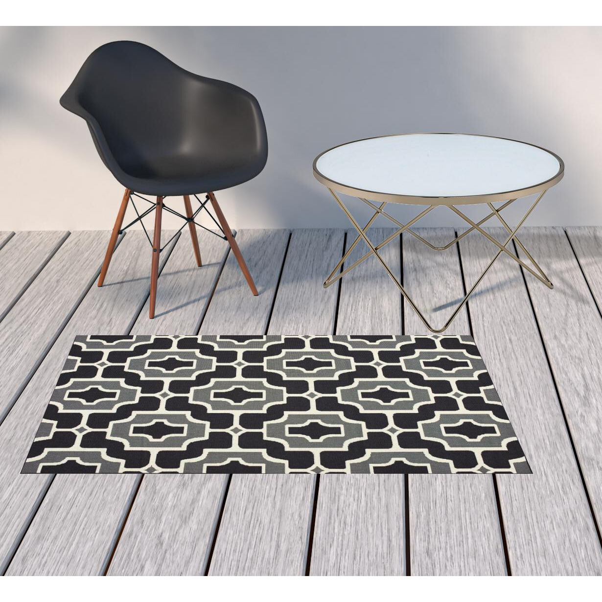 2 X 4 Black and gray geometric Stain Resistant Indoor Outdoor Area Rug
