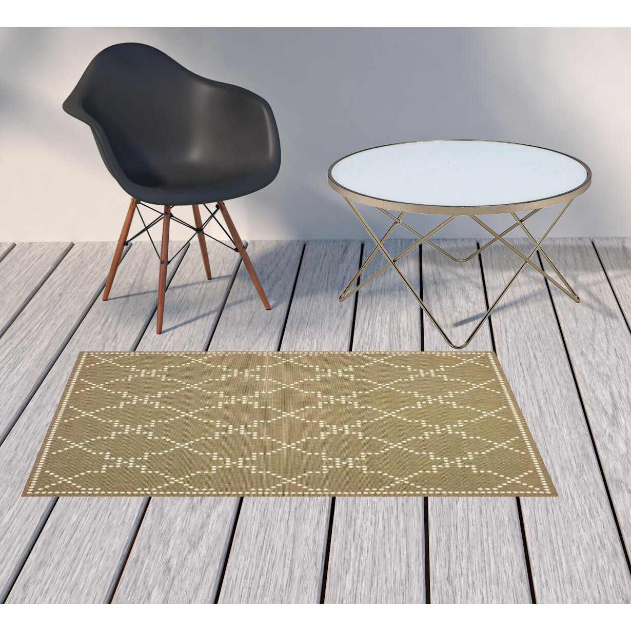 2 X 4 Tan geometric Stain Resistant Indoor Outdoor Area Rug