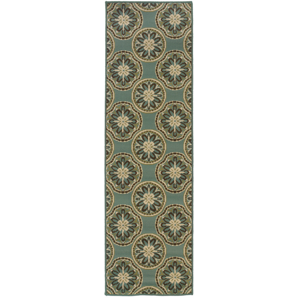 2 X 8 Blue and Ivory Floral Stain Resistant Indoor Outdoor Area Rug