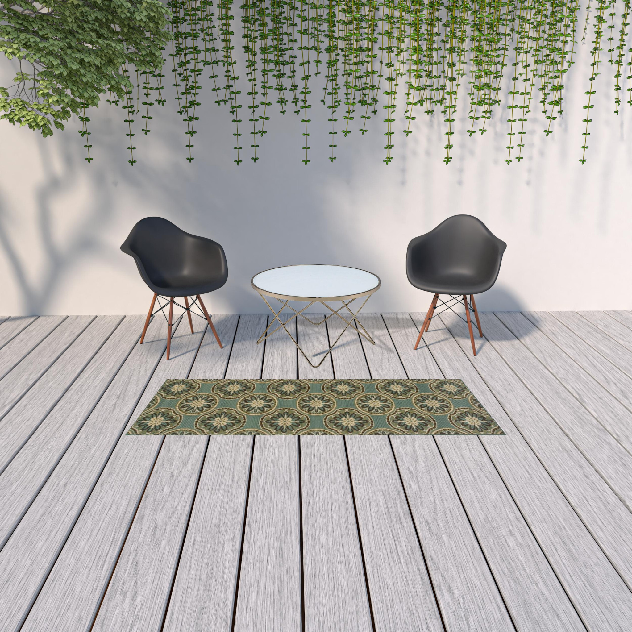 2 X 8 Blue and Ivory Floral Stain Resistant Indoor Outdoor Area Rug